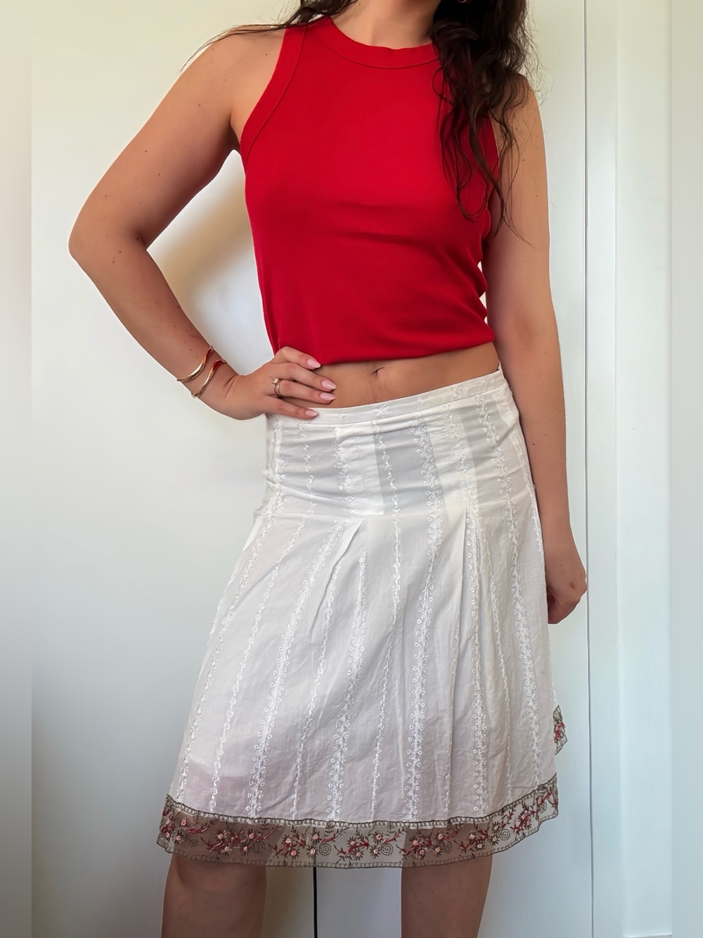 Vintage 100% Cotton White Embroidered Beaded Midi Skirt Size L